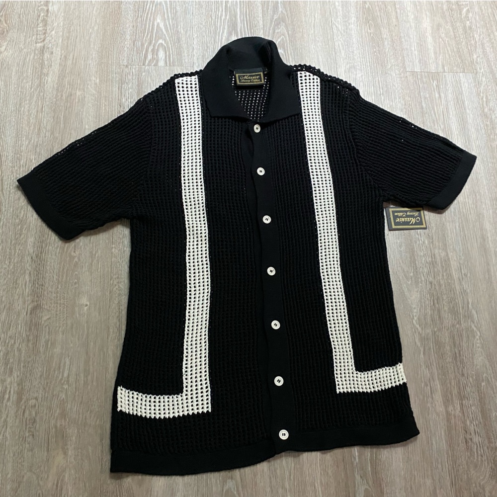 Massive Luxury Open Loose Knit Color Block Grandpa Cabana Camp Cotton Shirt L